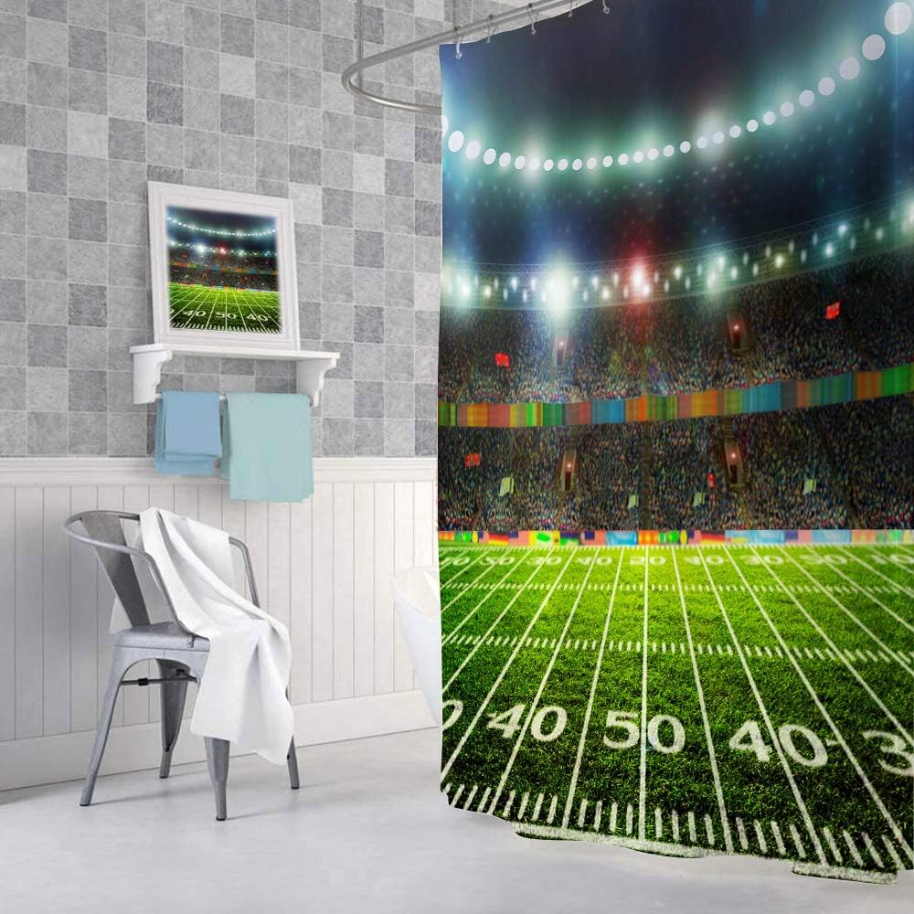 Football Field Shower Curtains for Bathroom, Sports Theme Bath Curtain Set for Men, Fabric Bathroom Accessories Restroom Decor 12 Hooks Included (69"