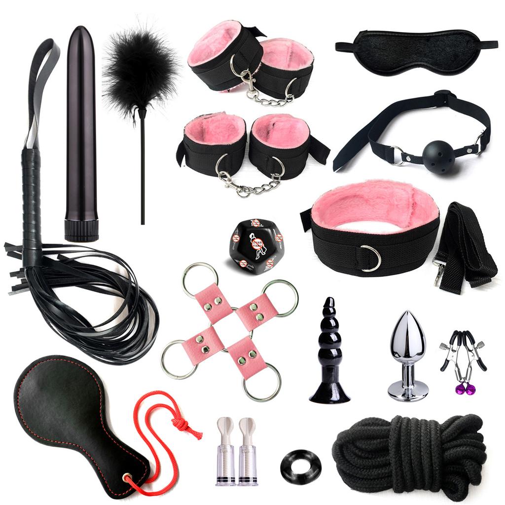 SM Fetish Bondage Erotic Toy Restraint Set Sex Toys For Women Handcuffs Whip Binding Anal Plug Vibrator Couple Sexy Tool