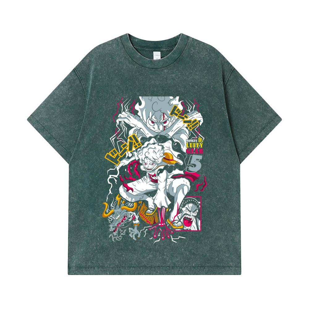 275 GSM Washed T-shirts 100% Cotton One Piece V23 Luffy Gear Print Unisex Heavy Cotton T Shirt
