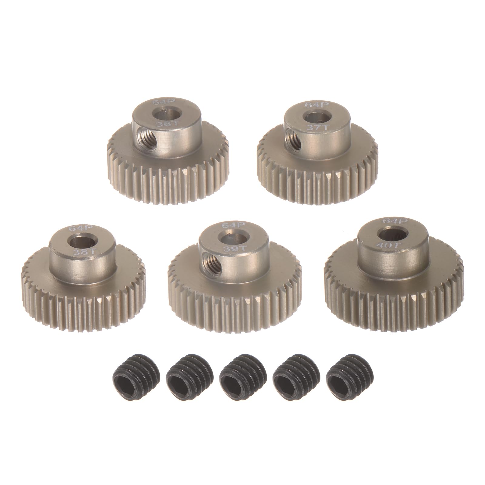 

uxcell 64P Pinion Gear Set with 3.175mm (1/8 ) Shaft, 36T, 37T, 38T, 39T, 40T, Aluminum Alloy Motor Gears for 1/10 RC Car (Set of 5)