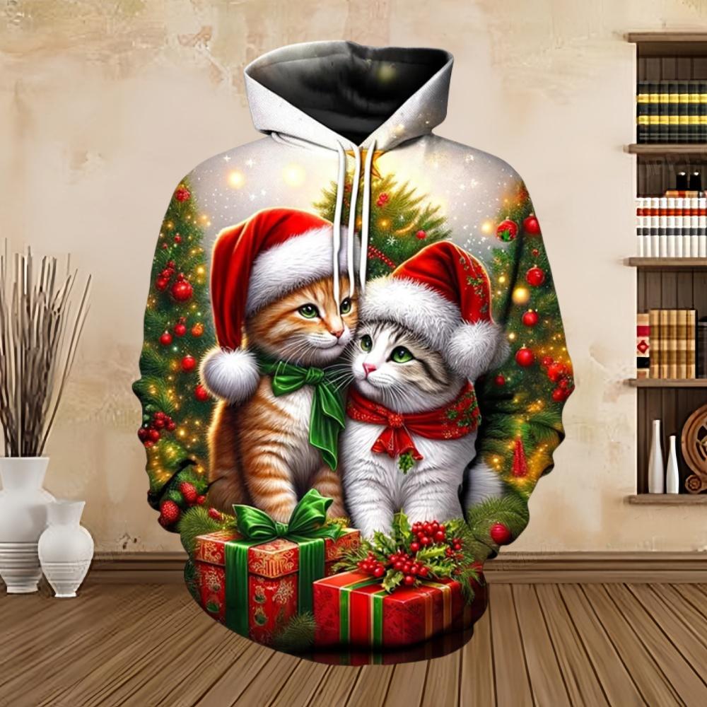 Merry Christmas Cat 3D Printed Men's Snowman Hoodie Streetwear Loose Pullover Sweatshirt Top
