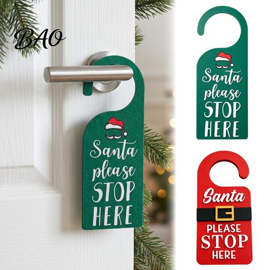 Kids Room Holiday Decor Christmas Door Handle Sign, Santa Please Stop Here Plastic Seasonal Ornaments Festive Knob Hanger Sign for Bedroom Decoration