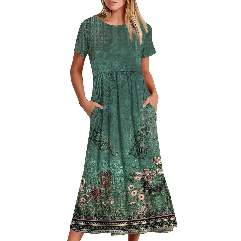 Short Sleeve Boho Dress For Women Casual Loose Fit Summer Sundress Floral Print Dress With Pockets