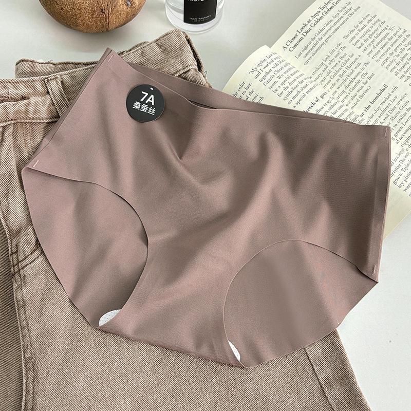 7A Mulberry Silk Antibacterial Seamless Mid-Waist Panties for Women - Simple Morandi Solid Color