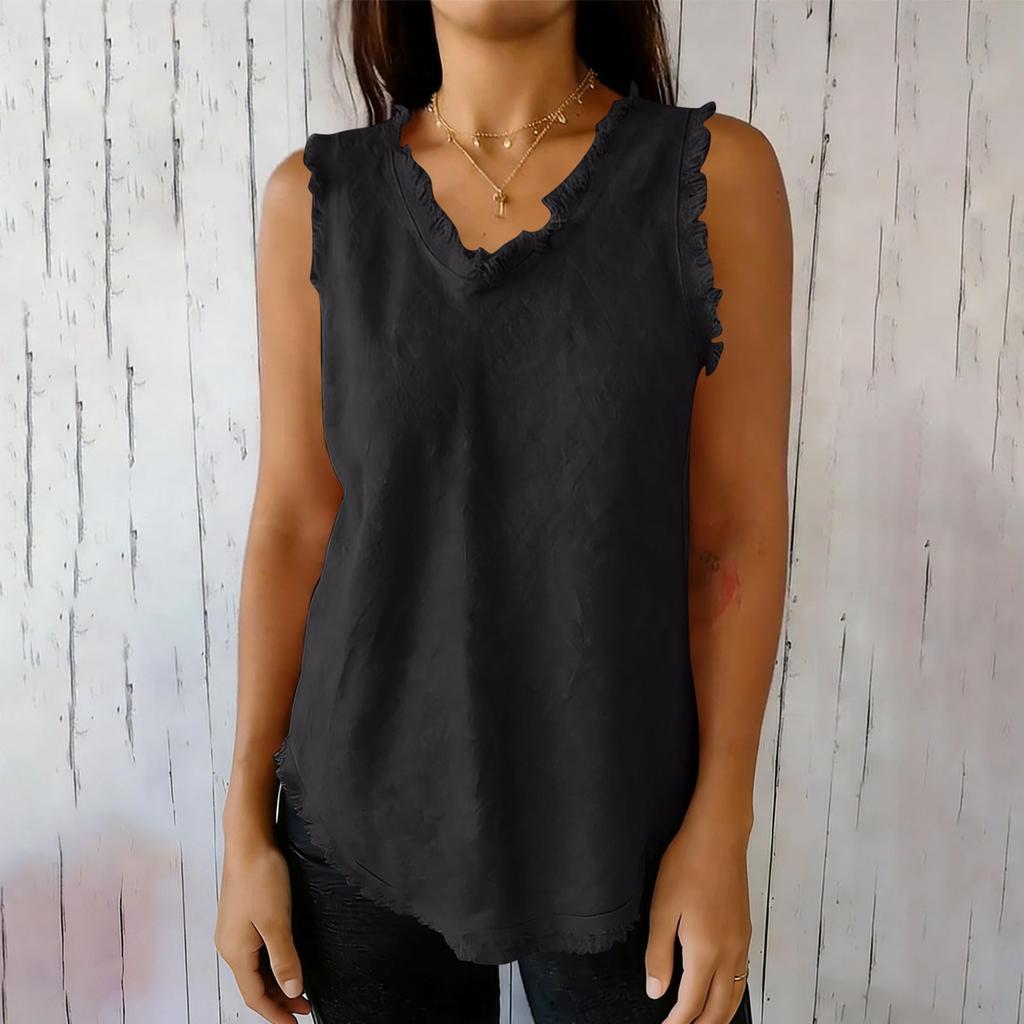 Women's Fashionable Color Round Neck Sleeveless Fringe Patchwork Casual Loose Cotton And Linen Top