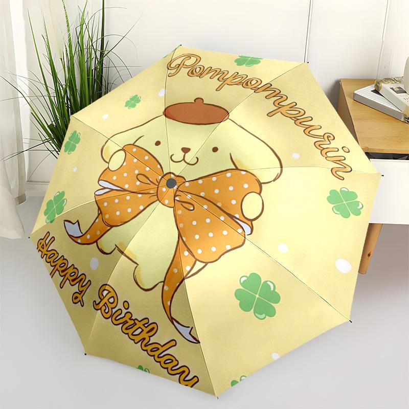 1pc Pompompurin Happy Birthday Automatic Folding Umbrella - Portable 3-Fold Design with 8-Bone Iron Frame, Perfect Gift for Fans, Travelers, Everyday