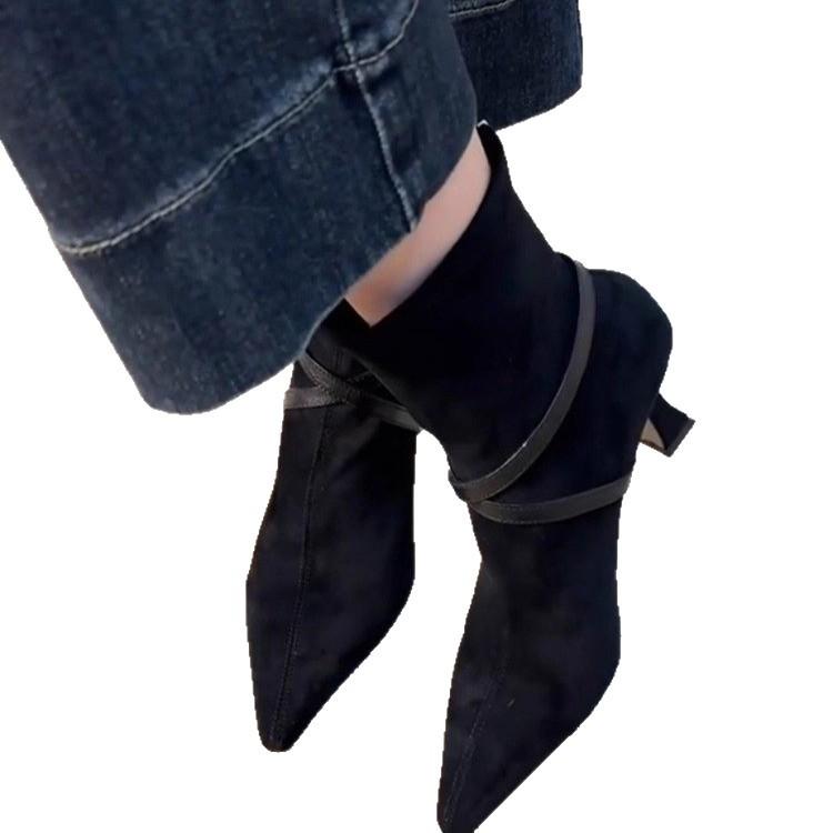 Autumn new pointed thin heel elastic thin boots women's high heel suede short boots belt buckle short Martin boots