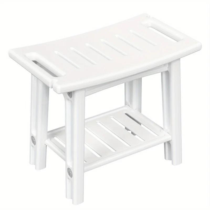 Non-Slip Home Bathroom Shower Stool Mold-Resistant Storage Seat White Plastic Storage Bench with Shelves Bath Shower Essentials