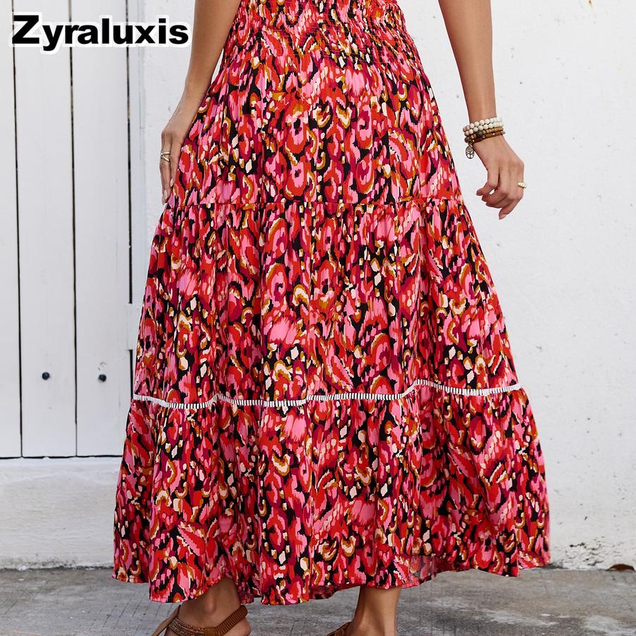 Women's Printed High Waist Slimming Casual Half Body Skirt Hollow Lace Patchwork Beach Vacation Sand Dune Dress