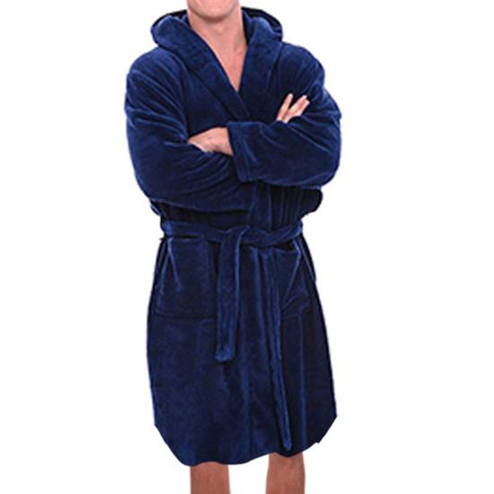 Solid Color Belt Flannel Bath Robe Hooded Pockets Warm Men Nightgown Home Clothes