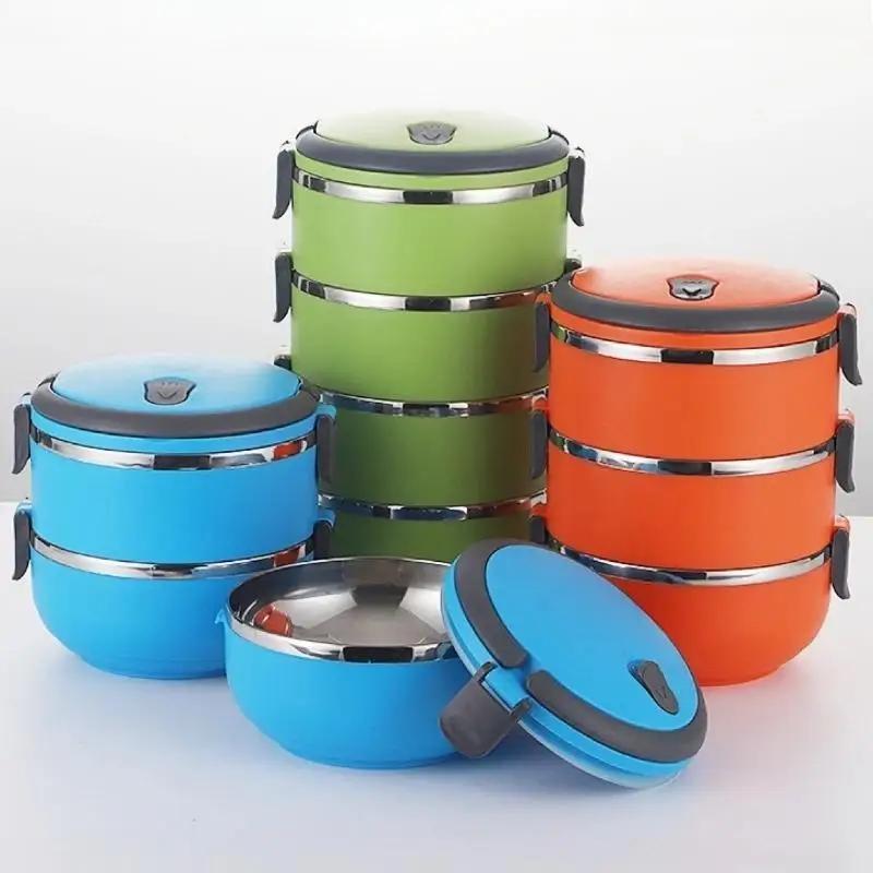 Stainless Steel Multi-layer Insulated Lunch Box Circular Sealed Lunch Box Student Office Workers Portable Handheld Bento Boxs