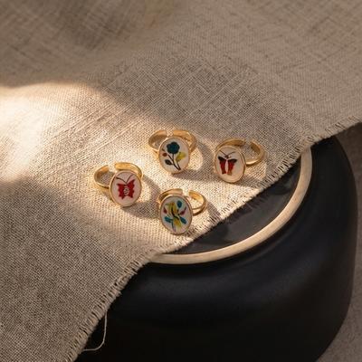 Wind Flower Bird Butterfly Cute Color Opening Ring Color Printing Opening Adjustable Ring