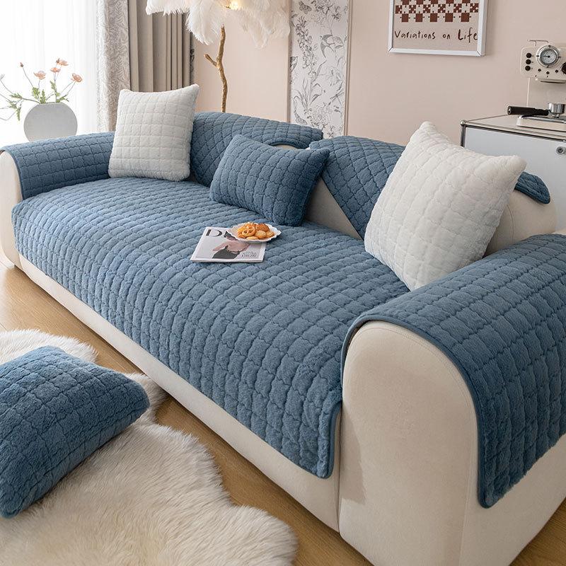 Kanin Plysj Sofatrekk Tykkere Sklisikkert Sofatrekk Ensfarvet Rutete for Stue Slipcover Varm Universal Sofapute