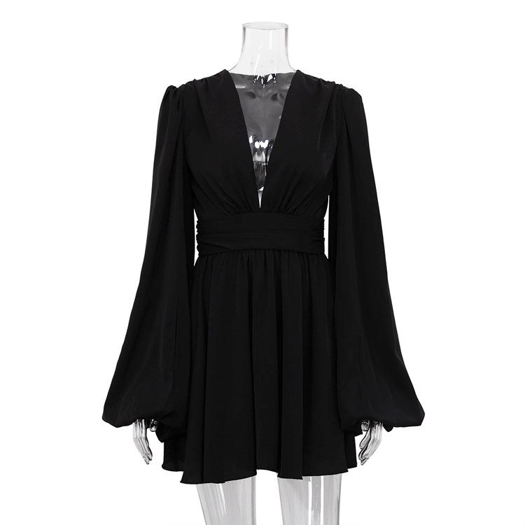 

Women s Solid Puff Long Sleeve Deep V Neck High Waist A Line Mini Dress Party Cocktail Dress S чёрный