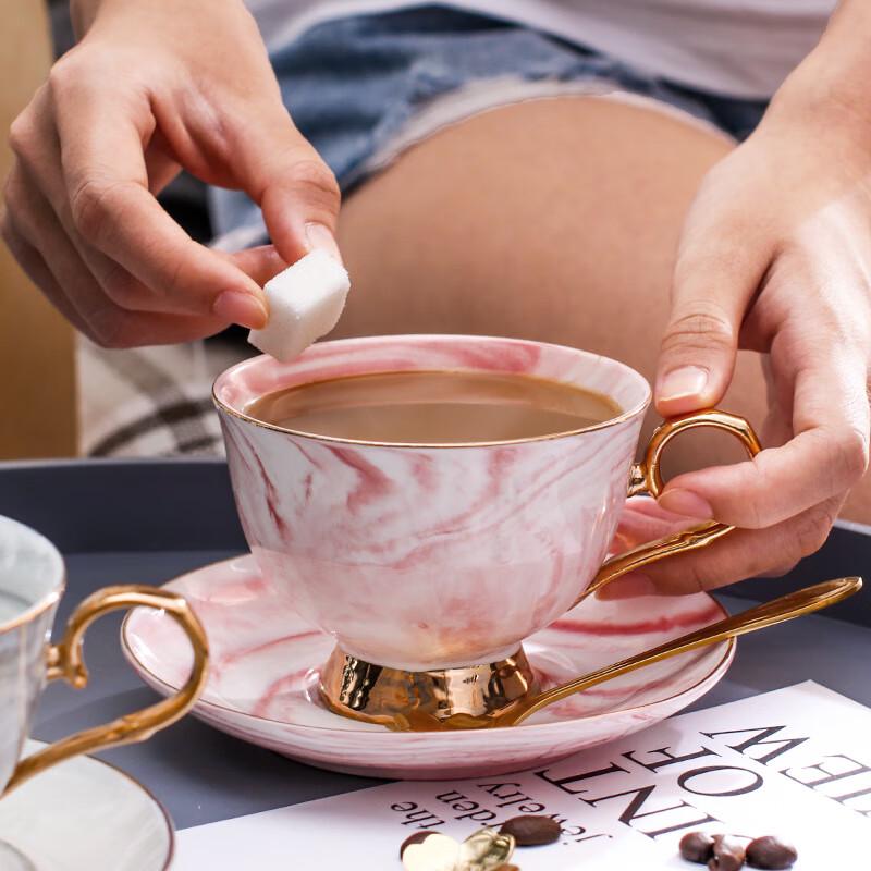 Marble Gold Rim Ceramic Coffee Cup & Saucer Set with Tray
