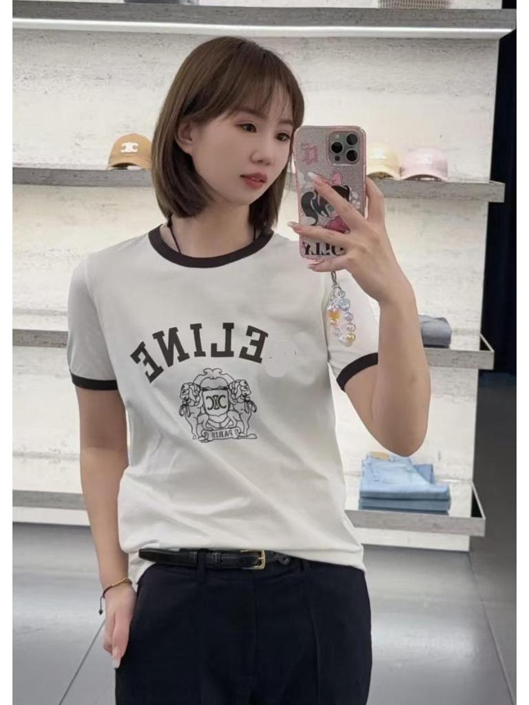 Spring/Summer Women's CE Style Cotton Knit Letter T-Shirt - Short Sleeve, Casual, Versatile.