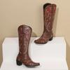 Embroidery Western Women Knee High Boots Brown Black PU Square Heels Winter Round Toe Vintage Cowboy Cowgirl Slip-on Long Boots