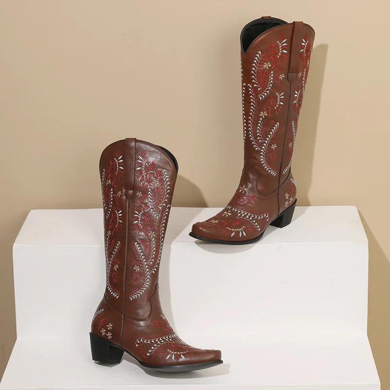 Embroidery Western Women Knee High Boots Brown Black PU Square Heels Winter Round Toe Vintage Cowboy Cowgirl Slip-on Long Boots