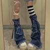 Japanese JK Lolita Y2K Denim Leg Warmers Denim Cloth Long Stockings Cross Trumpet Leg Covers  Women