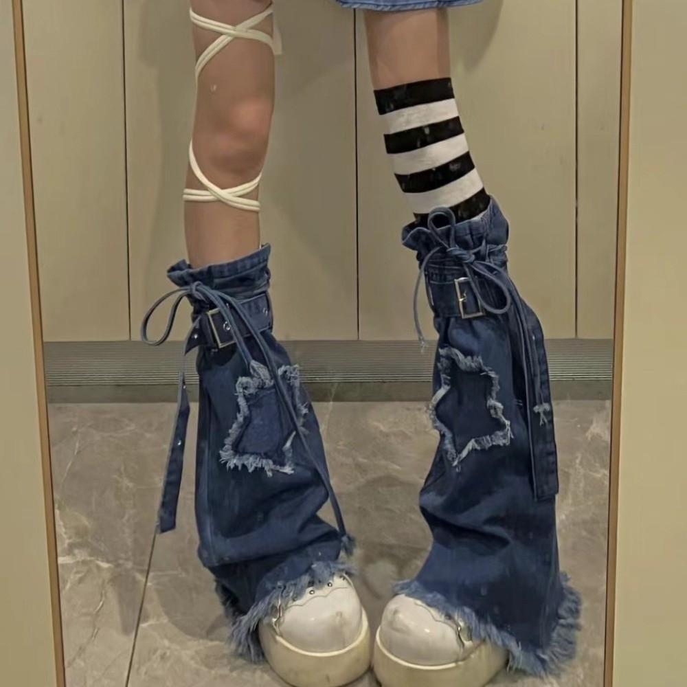 Japanese JK Lolita Y2K Denim Leg Warmers Denim Cloth Long Stockings Cross Trumpet Leg Covers  Women