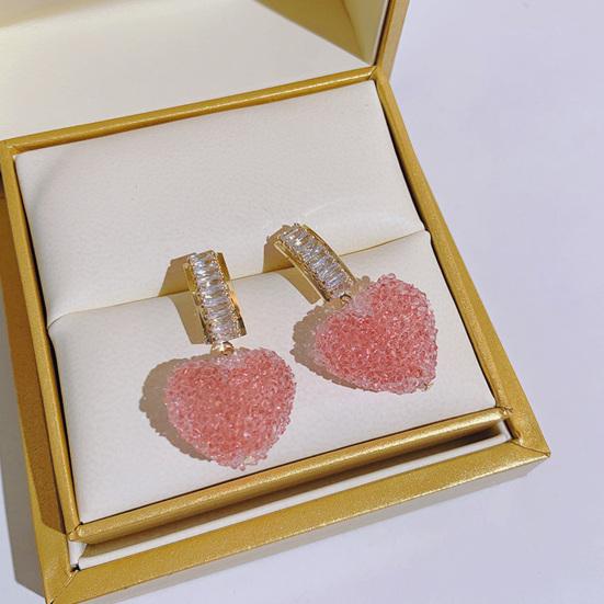 Yousheng 1 Pair Dangle Earrings Shiny Cubic Zirconia Sweet Geometric Anti-fade Decorative Birthday Gift Women Pink Fudge Love Pendant Stud Earrings
