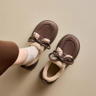 2025 Autumn and Winter New Velvet Warm Lace-up Beaded Cotton Shoes for Women's Casual Versatile Non-slip Birken Cotton Shoes for Women
