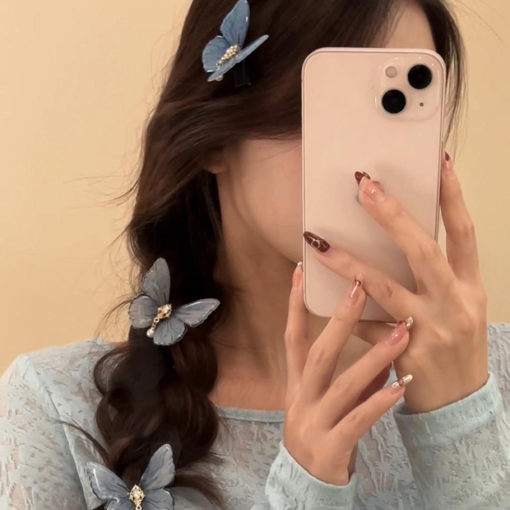 Year Super Fairy Ice Blue Butterfly Tassel Hairpin Female Mori Girl Bangs Side Duckbill Clip Hairpin