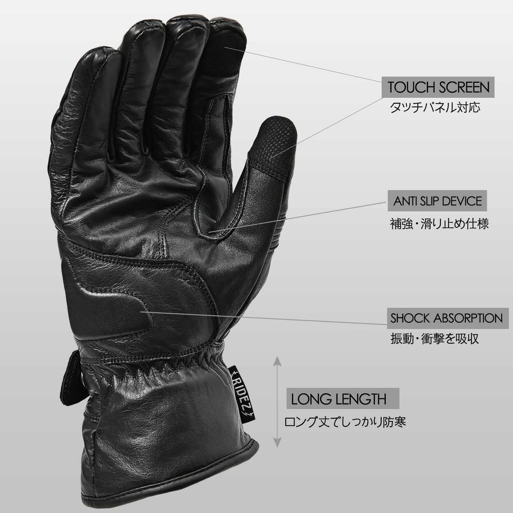 RIDEZ Winter Motorcycle Fleece and Genuine Cowhide Stylish American Long Smartphone Gloves, Leather, Style, Sleeve, Compatible, Black, RWG06-BK-XL