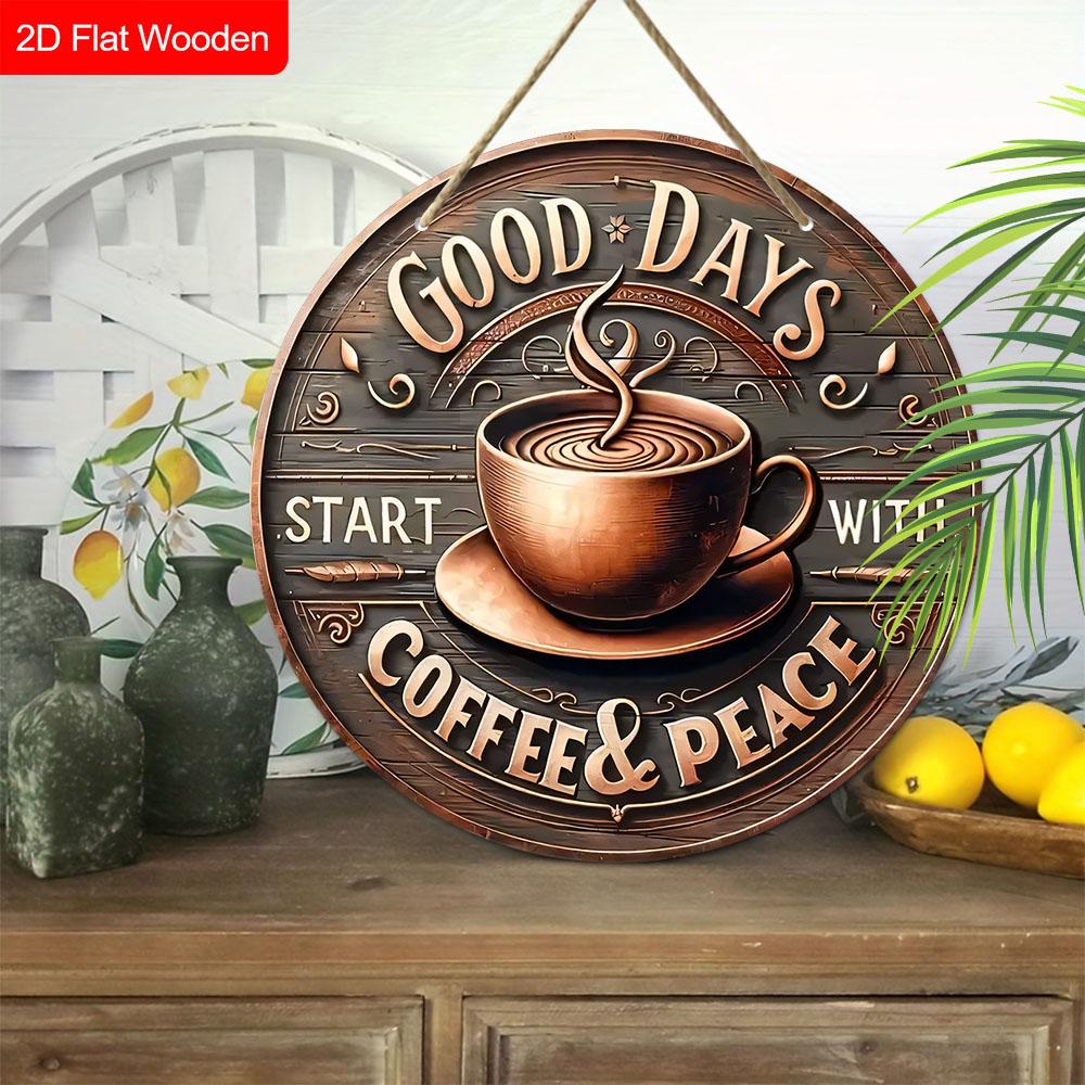 Good Days Wooden Sign with Coffee Theme - Retro Round Sign with Inspirational Quote - Ideal for Kitchen, Home, Office, Cafe Decor