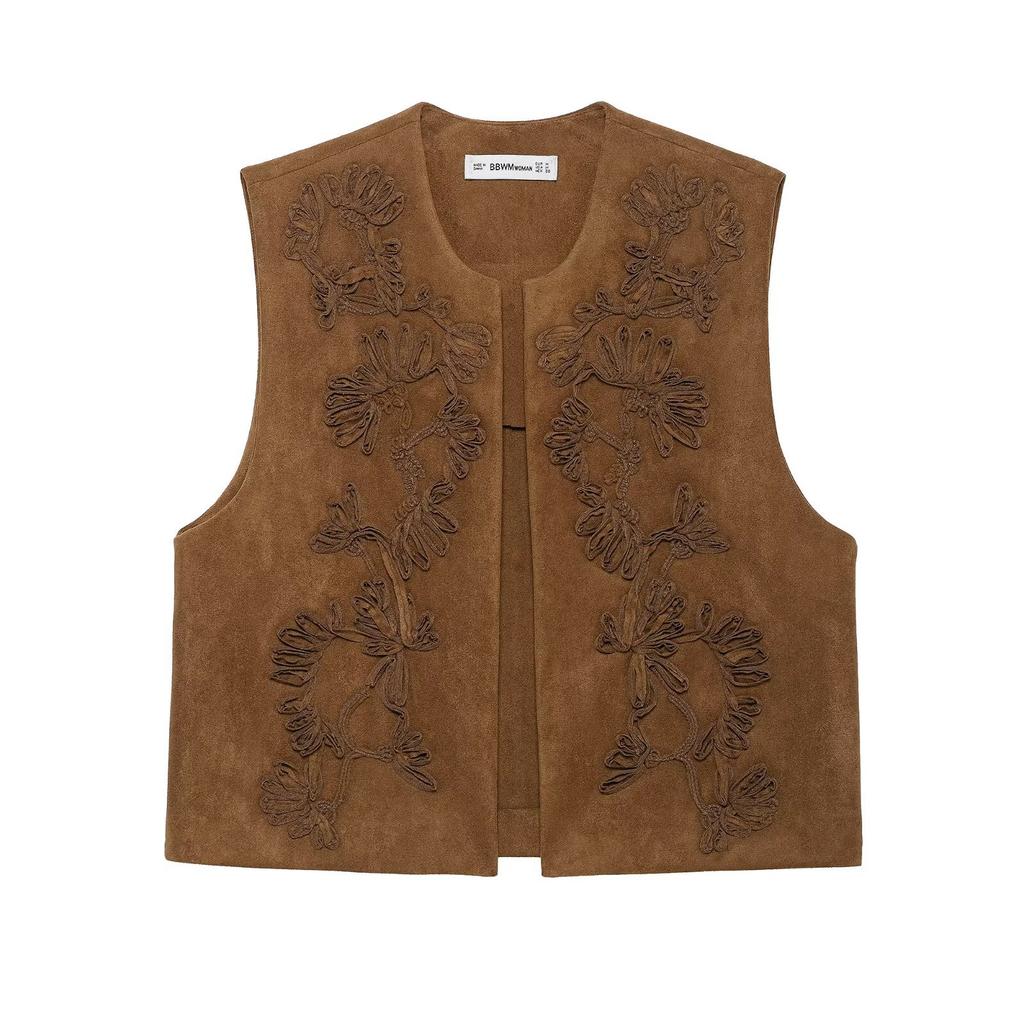 Fashion 2025 Early Autumn New Women's Fashion Casual Suede Like Texture Vest Embroidered Patterns Trendy & Versatile Sleeveless Tops