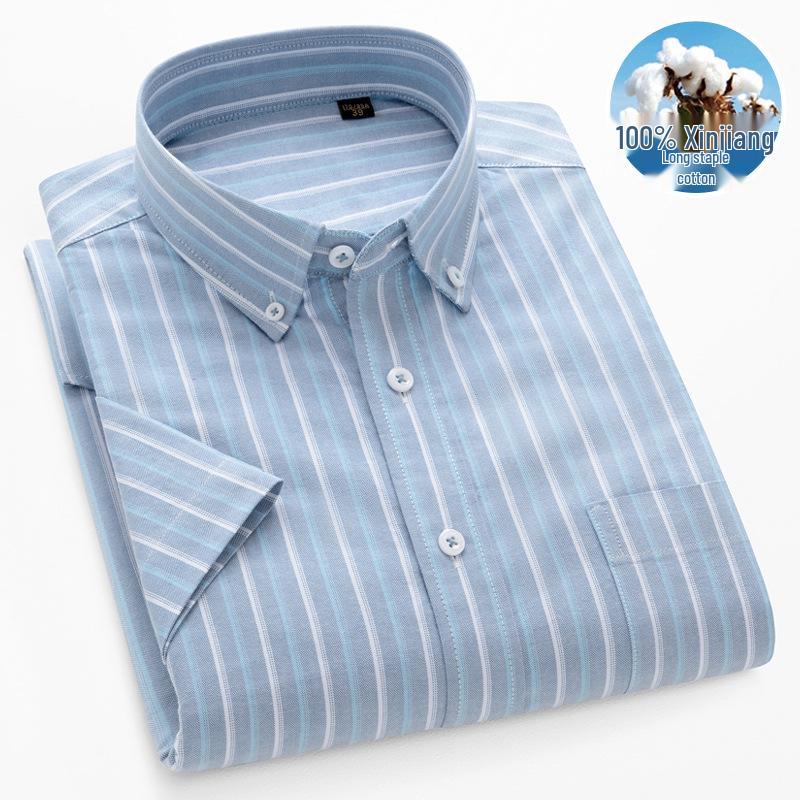 Herr sommar Oxford bomull kortärmad skjorta - Business Casual, Enzymtvättad, Antibakteriell