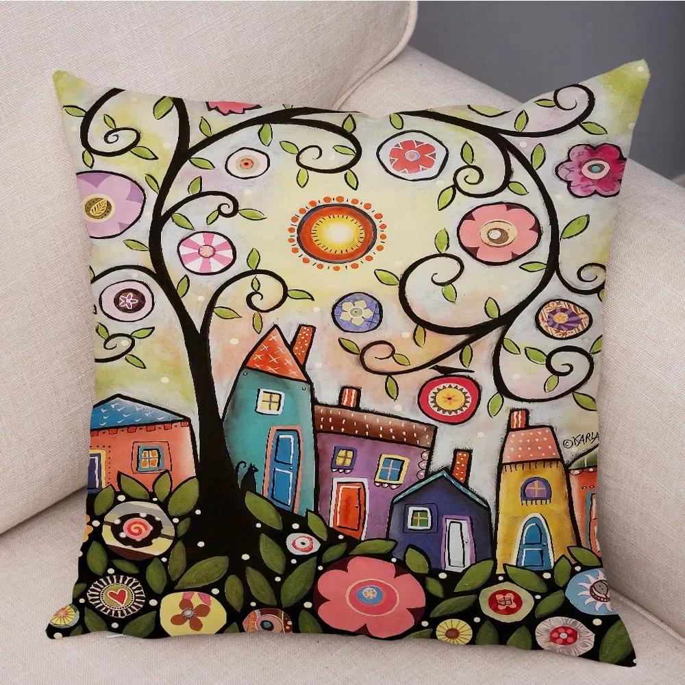 Colorful Cartoon Retro Rural Color Printed Pattern Home Cushion Cover Living Room Sofa Bedroom Decoration Pillowcase