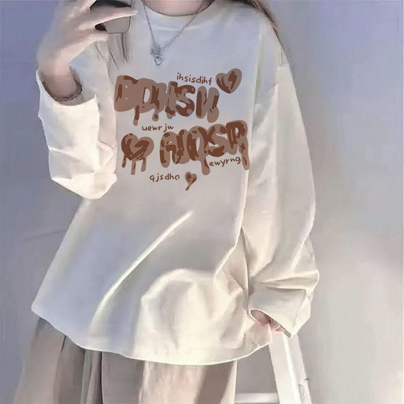 

Cartoon Printed Women s T-shirt Ladies Loose Round Neck Solid Color Long Sleeved T-shirts Korean New Trend Comfortable Female Top 2XL