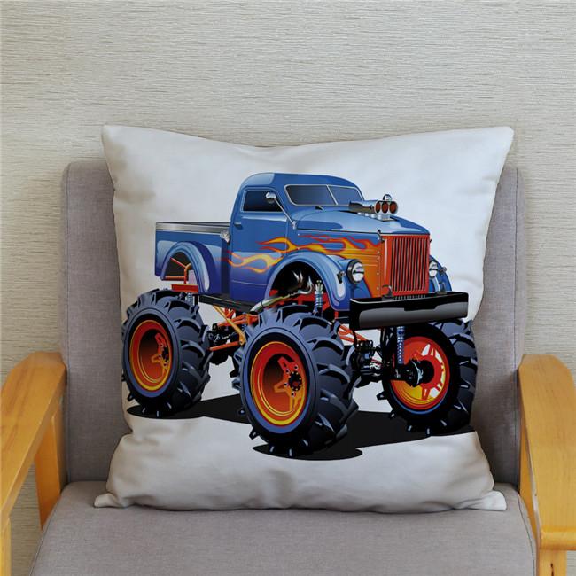 Cartoon Monster Truck Print Cushion Cover Pillow 45X45 Square Sofa Home Decoration Throw