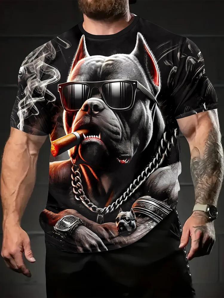 Herren Tough Pitbull Grafik-T-Shirt, Aggressiver Bully-Hund mit Goldkette und Zigarre, Urbaner Hip-Hop Stil Schwarzes T-Shirt für Herren