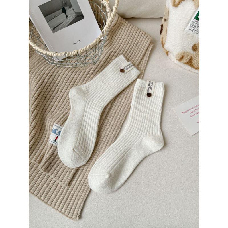 Women's Autumn and Winter Warm Solid Color All Purpose Fabric Logo Button Vertical Stripe Wool Tube Socks