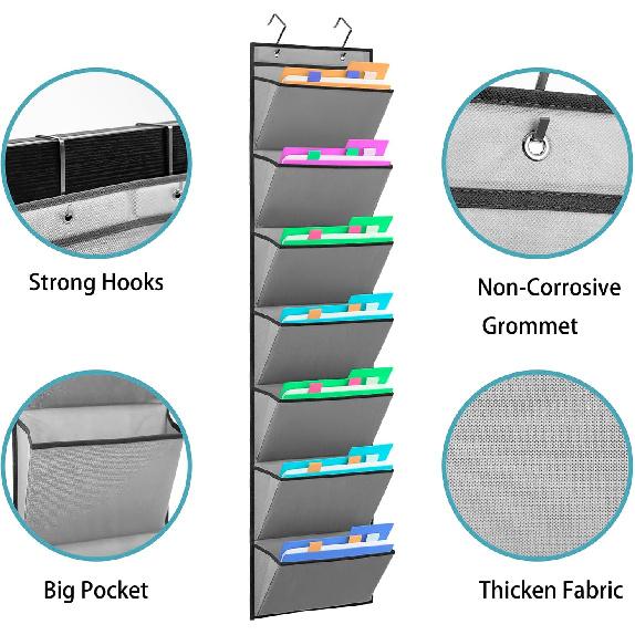 Wall Mounted File Holder Over Door Hanging Mail Organizer Document Storage Bag for Papers Magazines and Books (7 POCKETS-GREY)