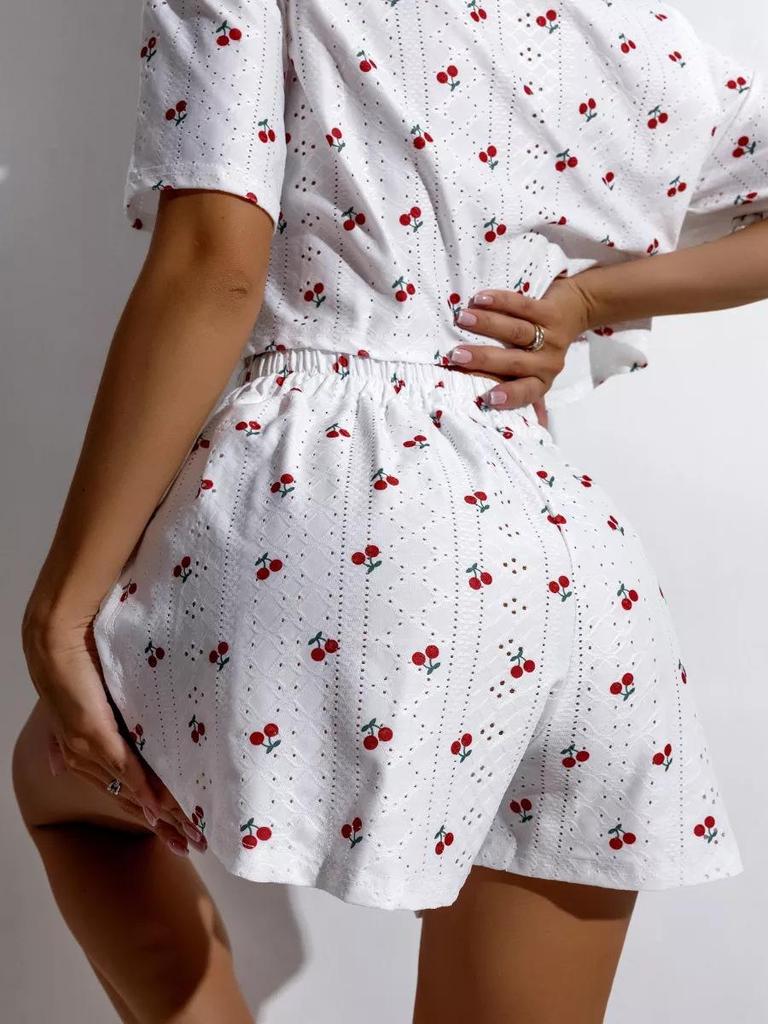 Europese Stijl Hart Kersenprint Korte Mouw Pyjamaset