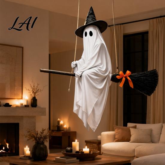 Halloween Tree Hanging Decor Ghost Decoration with Witch Hat and Broom Spooky Flying Cute Broom Ornament for Haunted House Porch Yard Indoor Outdoor