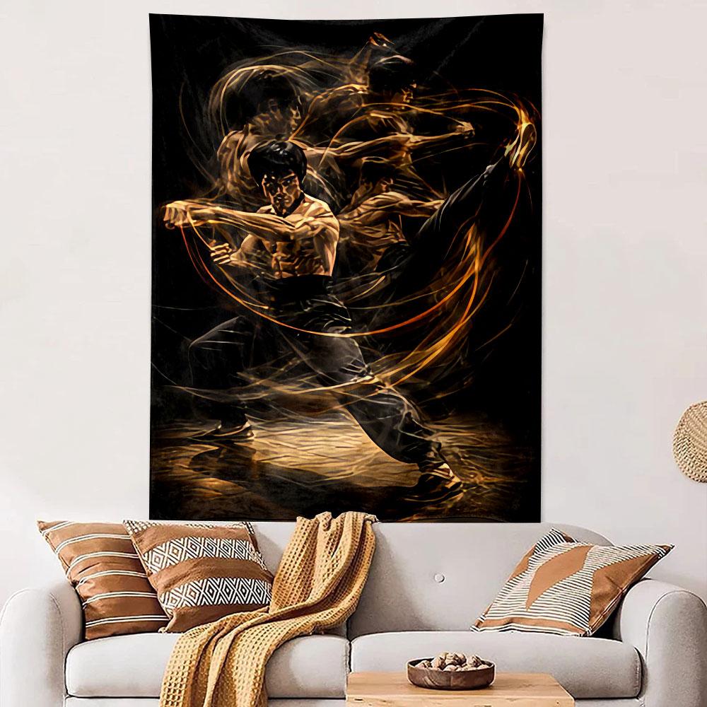 Bruce Lee Tapestry Wall Hanging, Martial Arts Legend Poster Art, Action Wall Decor for Bedroom Living Room Dorm