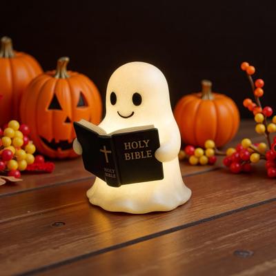 Geist Bibel Lampe Niedlicher Geist liest Buch Nachtlicht 3D Harz Leuchtende Geisterfigur Halloween Tischlampe für Schlafzimmer Zuhause Regal Innendekor