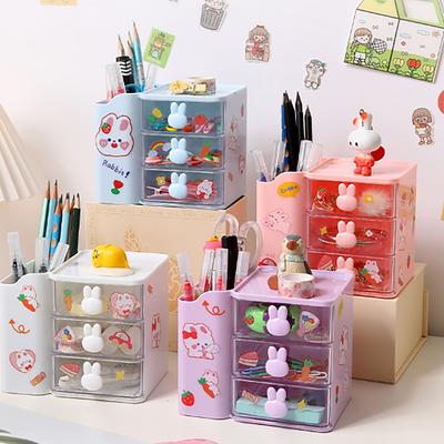 Multi-functional Rabbit Storage Box See Through Drawer Cartoon Stationary Storage Rack Spacious Pen Holder Student
