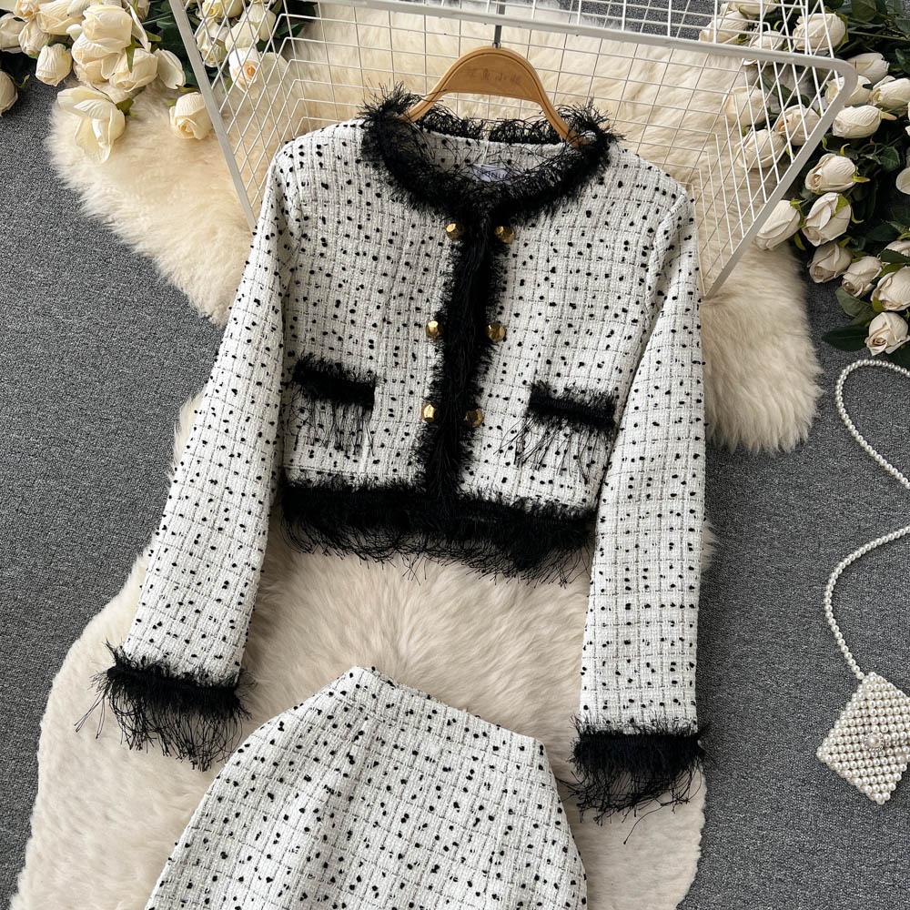 Autumn And Winter Small Fragrant Wind Fringe Fashion Short Jacket + Long Paragraph Hip Half-Body Skirt Two-Piece Set
