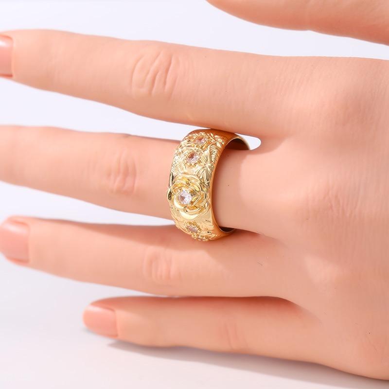 Trendy Inlaid White CZ Flower Women's Ring Exquisite Gold Color Hand Carving Daily Wear Party Jewelry Anniversary Gift