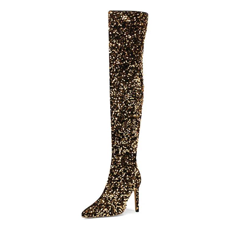 Europäische und amerikanische sexy Paillettenstoffe mit Farbverlauf, High Heels, Seitliche Reißverschlüsse, Knielange Mode-Stiefel, Damenstiefel mit dicker Sohle