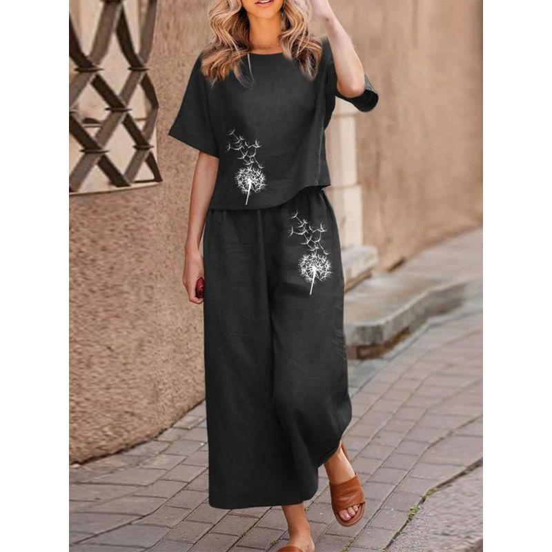 Crew Neck Short Sleeve Sleeve Printed Suit round Neck Short Sleeve Print Cropped Pants Two-piece Set