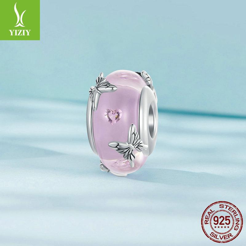 Pink Butterfly Diy Bracelet Glazed Beads, Sweet Girly Wind S925 Sterling Silver Lucky Beads