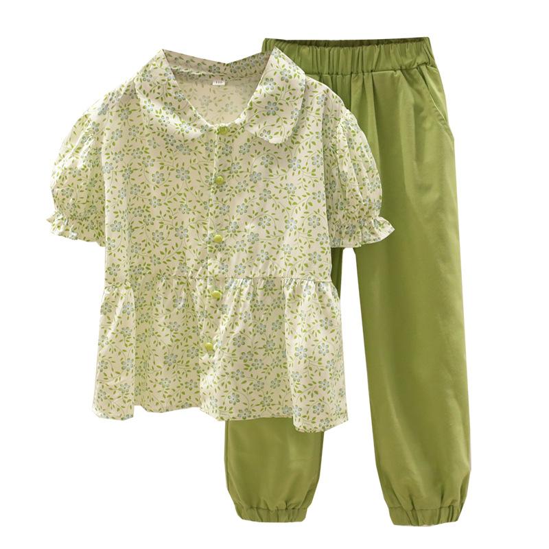 Korean Girls Summer Floral Short Sleeve Shirt And Casual Pants Two Piece Set Fashionable Outfit For Big Kids