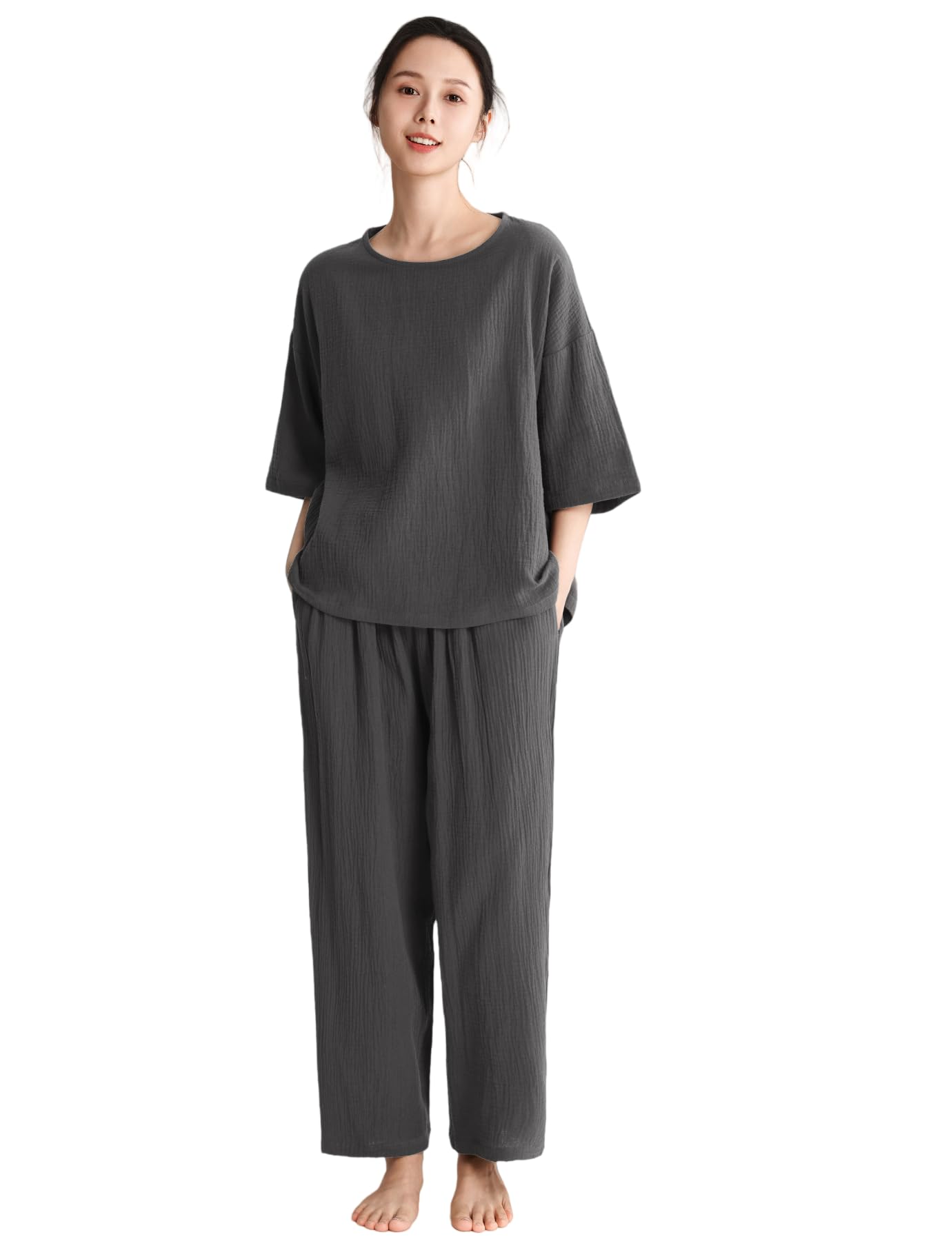 

Beatgos Cotton Double Crepe Loungewear Pajamas Loose Fit for Summer Gray Size Women s 100% Set, 3/4 Sleeves, (DZ02 & Coffee, XL)