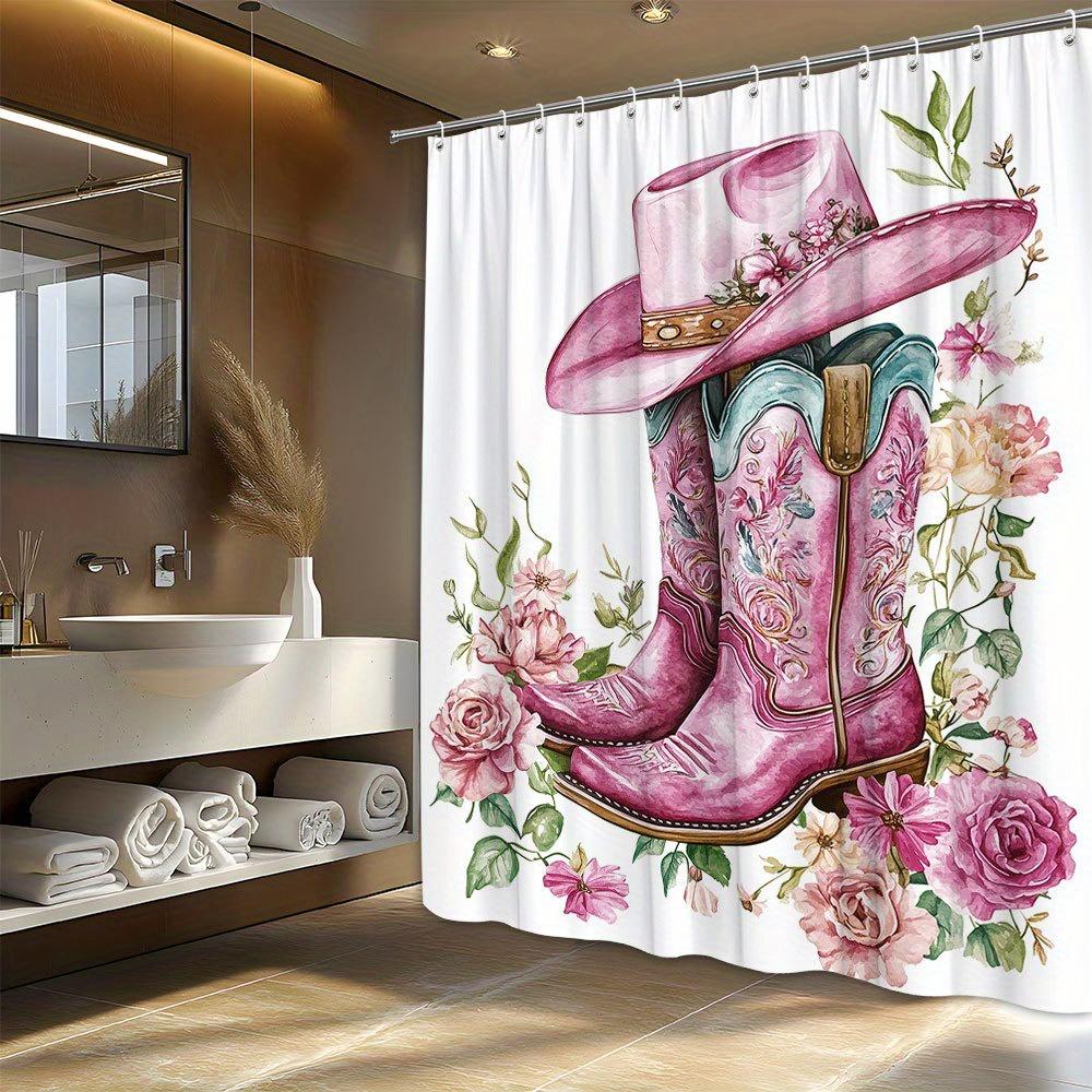 1pc Pink Cowboy Boots & Floral Embroidery Shower Curtain - Romantic Country Style, Lush Watercolor Florals